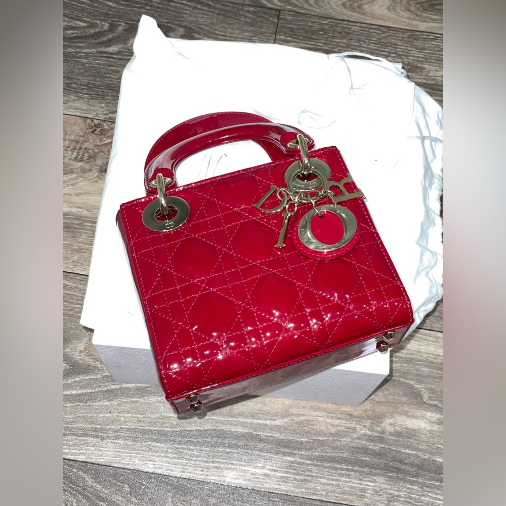 DIOR MINI LADY DIOR BAG CHERRY RED PATENT CANNAGE CALFSKIN GOLD HW PRELOVED - Picture 9 of 13